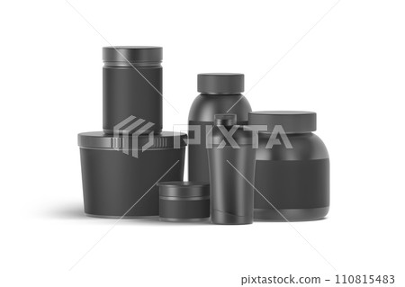 Blank black big and small protein cans mockup, front view Blank black big and small protein cans mockup, front view 110815483