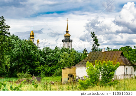 Christian church cross in high steeple tower for prayer Christian church cross in high steeple tower for prayer 110815525