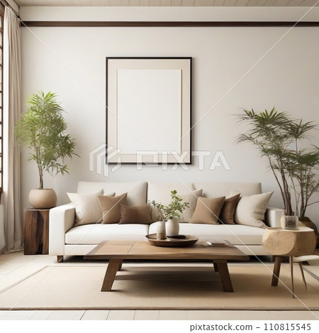 Mock-up empty poster frame on the wall over the couch in the living room interior 110815545