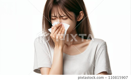 一個女人擤鼻涕。人工智慧圖像。 110815907