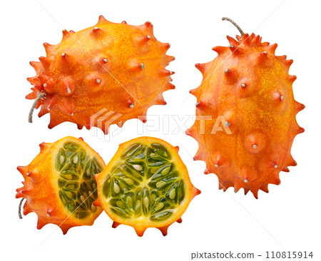 Set of kiwano with halves on a white background. Isolated 110815914