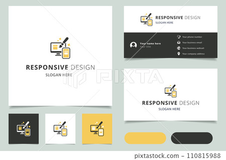 Responsive design logo design with editable slogan. Branding book and business card template. 110815988