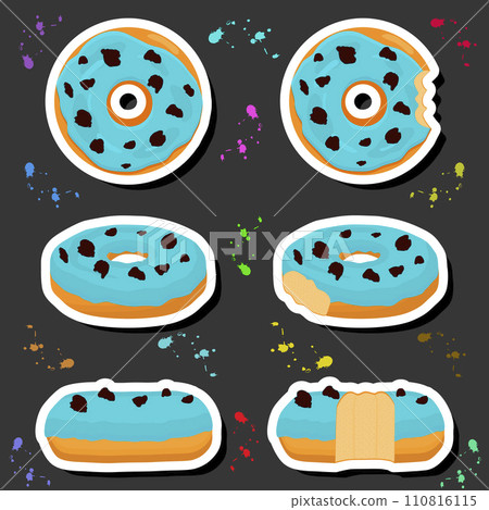 Illustration on theme big set different types sticky donuts, sweet doughnuts various size Illustration on theme big set different types sticky donuts, sweet doughnuts various size 110816115