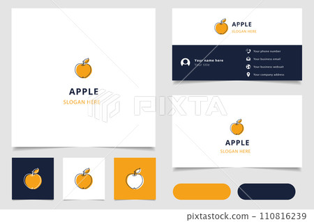 Apple logo design with editable slogan. Branding book and business card template. 110816239