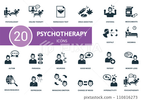 Psychotherapy set icon. Contains psychotherapy illustrations such as online therapy, drug addiction, medicaments and more. 110816273
