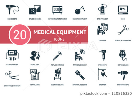 Medical Equipment set icon. Contains medical equipment illustrations such as gauze sponge, enema equipment, ecg and more. Medical Equipment set icon. Contains medical equipment illustrations such as gauze sponge, enema equipment, ecg and more. 110816320