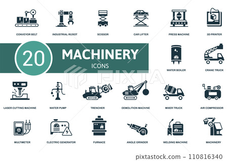 Machinery icon set. Contains editable icons machinery theme such as industrial robot, car lifter, 3d printer and more. Machinery icon set. Contains editable icons machinery theme such as industrial robot, car lifter, 3d printer and more. 110816340