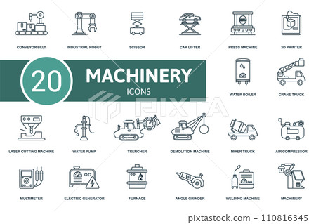 Machinery icon set. Contains editable icons machinery theme such as industrial robot, car lifter, 3d printer and more. 110816345