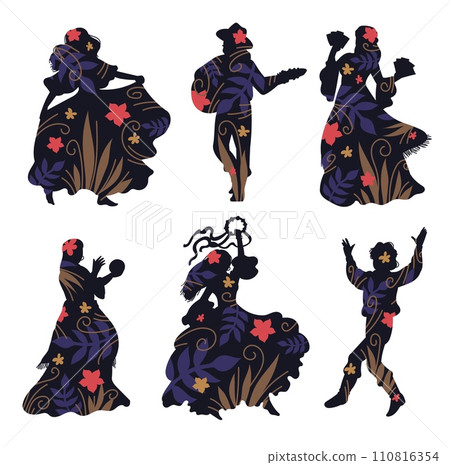 Gypsy women and men dancing with tambourine, guitar black silhouette with floral pattern, Romany performance vector set 110816354