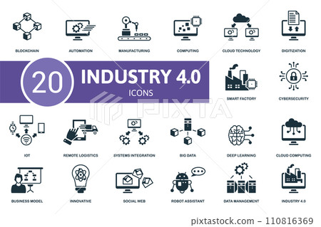 Industry 4.0 icon set. Contains editable icons industry 4.0 theme such as automation, computing, digitization and more. 110816369