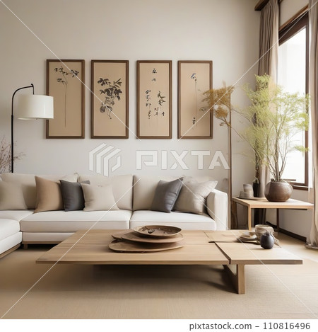Living room interior design with sofa, lamp, plants, coffee table and Japanese art decoration on the wall Living room interior design with sofa, lamp, plants, coffee table and Japanese art decoration on the wall 110816496