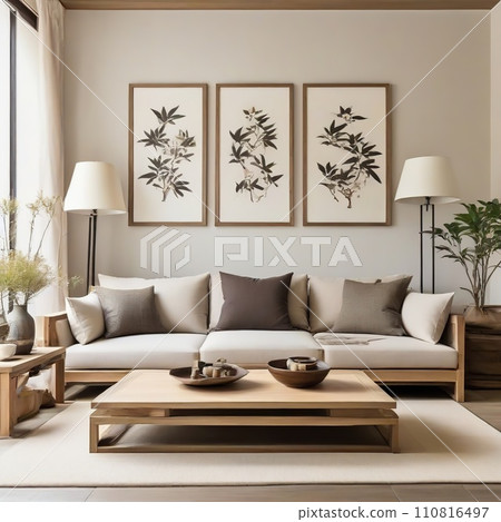 Living room interior design with sofa, lamp, plants, coffee table and Japanese art decoration on the wall 110816497