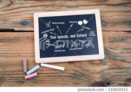You speak, we listen. Illustration with icons, keywords and arrows. Blackboard and old wooden table 110816531