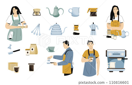 Barista with equipment. Cafe workers preparing coffee and other beverages, cafe and coffee shop characters with cups devices. Vector set Barista with equipment. Cafe workers preparing coffee and other beverages, cafe and coffee shop characters with cups devices. Vector set 110816601