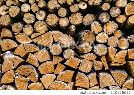 Photography on theme big wall of stacked oak tree logs in cracks Photography on theme big wall of stacked oak tree logs in cracks 110816621
