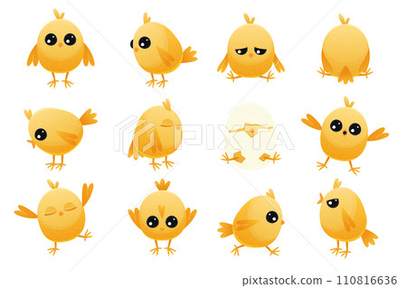 Cute cartoon chicken baby. Yellow farm poultry with beak and wings, simple happy animal characters with different emotions. Vector isolated set 110816636