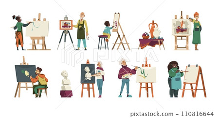 Artist characters at work. Cartoon creative artists at sketching and painting, master working with clay model, handcraft activity. Vector set Artist characters at work. Cartoon creative artists at sketching and painting, master working with clay model, handcraft activity. Vector set 110816644