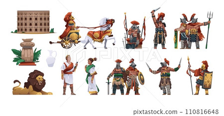 Ancient Rome citizens. Cartoon ancient roman man and woman, antique roman army and gladiator character in armor, persons in historic clothes. Vector set 110816648