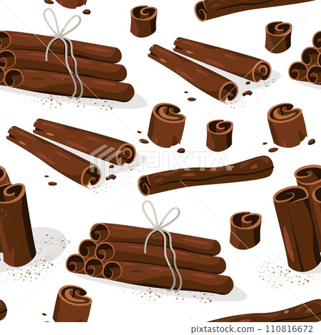 Cinnamon spice pattern. Seamless print of brown sticks of dried bark for baking, sweet aromatic culinary natural ingredient for food. Vector texture Cinnamon spice pattern. Seamless print of brown sticks of dried bark for baking, sweet aromatic culinary natural ingredient for food. Vector texture 110816672