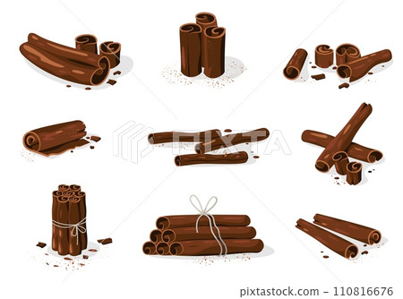 Cinnamon sticks. Organic sweet spice bark, dry cinnamons seasoning for baking dessert, organic herbal spice. Vector flat collection Cinnamon sticks. Organic sweet spice bark, dry cinnamons seasoning for baking dessert, organic herbal spice. Vector flat collection 110816676