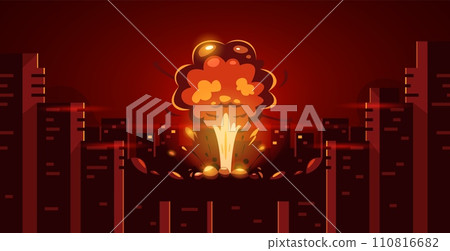 Cartoon explosion in city. Nuclear armageddon with fire and smoke in the middle of town, catastrophe with explosive fire wave. Vector set Cartoon explosion in city. Nuclear armageddon with fire and smoke in the middle of town, catastrophe with explosive fire wave. Vector set 110816682