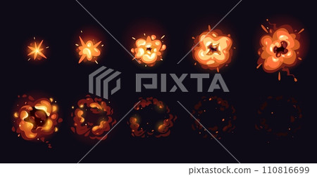 Explosion cartoon animation. Smoke and fire animation frame by frame, comic game asset of bomb blast effect. Vector game sprite of dynamite explosion 110816699