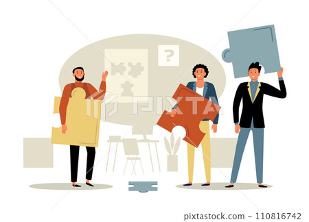 Teams working on project. Colleagues holding puzzles, office workers collaborating together. People cooperating and brainstorming 110816742