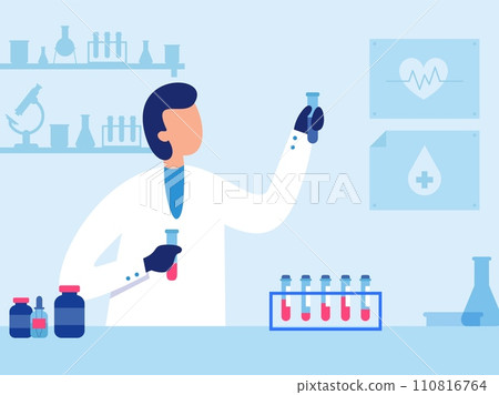 Scientist work in laboratory. Male researcher in uniform working with test tubes in laboratory. Person biochemist 110816764