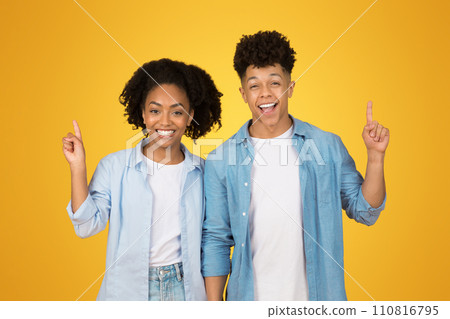 Happy and confident young woman and man with cheerful smiles pointing upwards 110816795