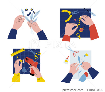 DIY handkraft. Human hands making appliques, gluing flowers, cutting paper with scissors. Handmade jewelry 110816846