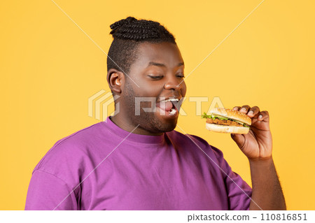 Closeup Portrait Of Hungry African American Guy Eating Burger, Studio Closeup Portrait Of Hungry African American Guy Eating Burger, Studio 110816851