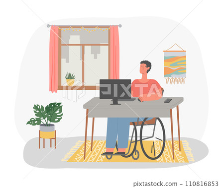 Disabled man in wheelchair working at computer in home. Freelance worker sitting at desk in front of desktop computer 110816853