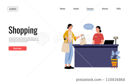 Clothing shop landing page. Woman buying things at boutique. Customer paying for purchase at getting shopping bag 110816868