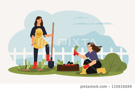 Agricultural employees working in garden. Woman planting radishes with shovel. Friend helping and giving vegetables 110816889