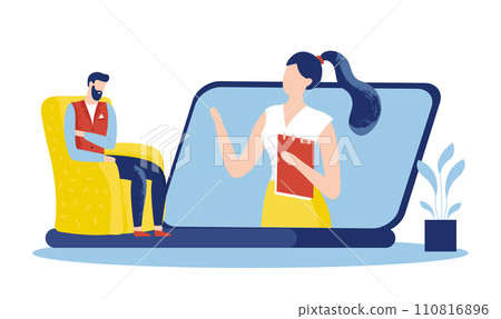 Online psychology help. Man having online psychotherapy session. Female therapist talking to patient 110816896