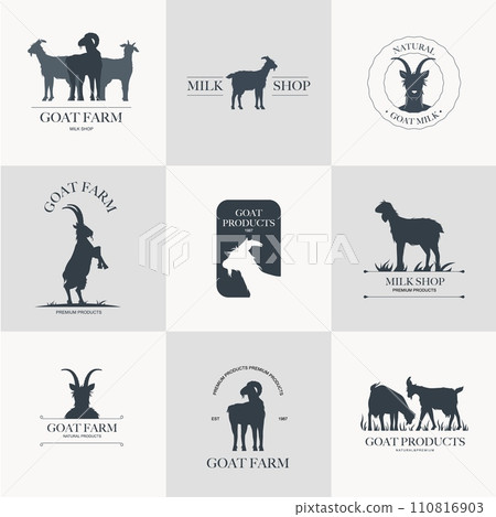 Goat dairy products logo. Milk cheese yogurt, fresh organic whole milk products in carton containers, dairy icons for packaging design. Vector illustration 110816903