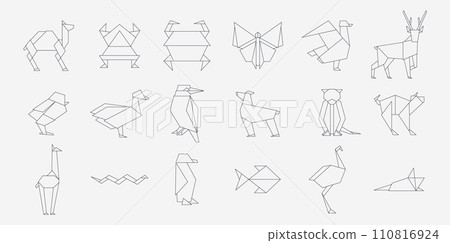 Line origami animals. Geometric folded Japanese traditional papercraft animals, simple outline sketch folded zoo. Vector collection 110816924