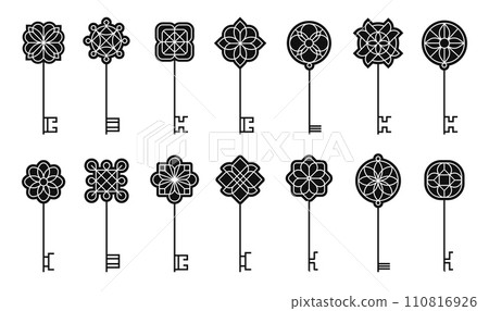 Black keys collection. Cartoon vintage key silhouettes, old-fashioned key different shapes and forms for logo design. Vector isolated set 110816926