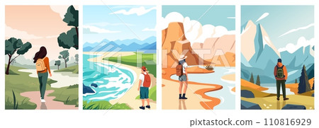 Travelers enjoying view. Cartoon persons enjoying nature and landscape, persons walking in park and camping. Vector isolated illustration 110816929