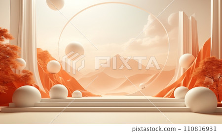AI-generated content. Minimalistic scene with balloons and sand dunes. Product shot in light orange and white colors. Generative AI 110816931