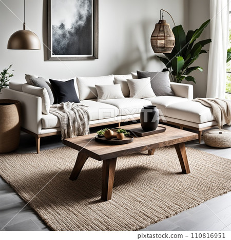 Interior of modern living room with white sofa and wooden coffee table Interior of modern living room with white sofa and wooden coffee table 110816951