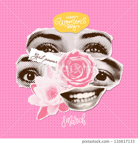 Contemporary mixed media artwork. Halftone collage made from women s faces parts - eyes, lips. Concept of 8 march, international women s day, allyship, diversity, human rights. Vector 110817133
