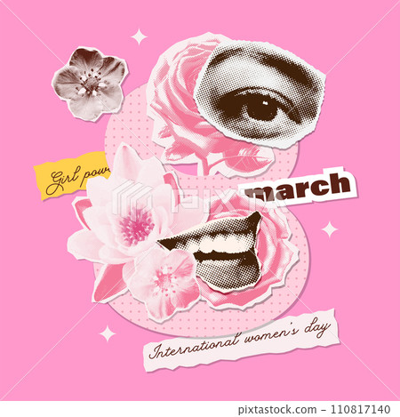 Mixed media 8 female symbol with halftone female collage elements - flowers and torn out female face parts. Banner template for International womens day, feminism, gender equality. Vector illustration Mixed media 8 female symbol with halftone female collage elements - flowers and torn out female face parts. Banner template for International womens day, feminism, gender equality. Vector illustration 110817140