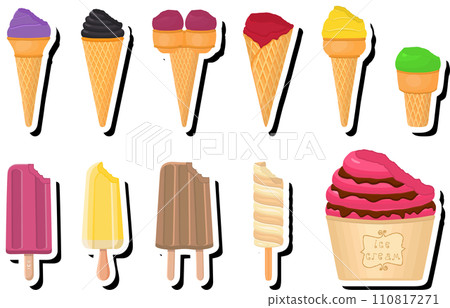 Illustration on theme big kit ice cream popsicle different types in cone waffle cup 110817271