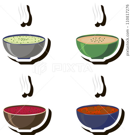 Illustration on theme big set various types beautiful tasty edible hot homemade soups Illustration on theme big set various types beautiful tasty edible hot homemade soups 110817276