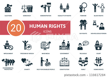 Human Rights set icon. Contains human rights illustrations such as democracy, equality of rights, black rights and more. Human Rights set icon. Contains human rights illustrations such as democracy, equality of rights, black rights and more. 110817284