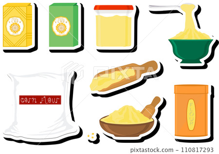 Illustration on theme big set different types dishware filled corn flour 110817293