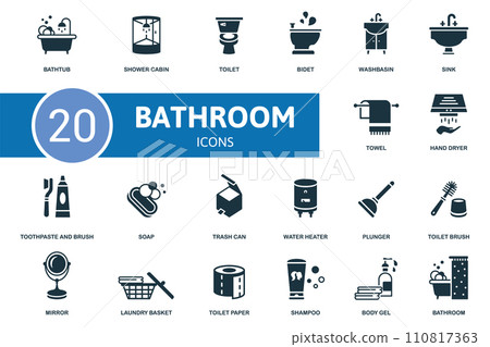Bathroom set icon. Contains bathroom illustrations such as shower cabin, bidet, sink and more. Bathroom set icon. Contains bathroom illustrations such as shower cabin, bidet, sink and more. 110817363