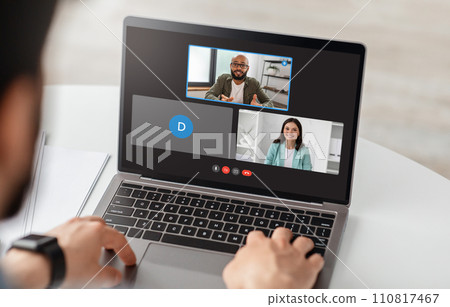 Businessman Having Online Business Meeting With Colleagues Making Video Call 110817467