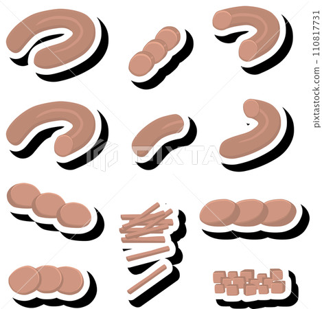 Illustration on theme big set different types delicatessen meat sausages 110817731